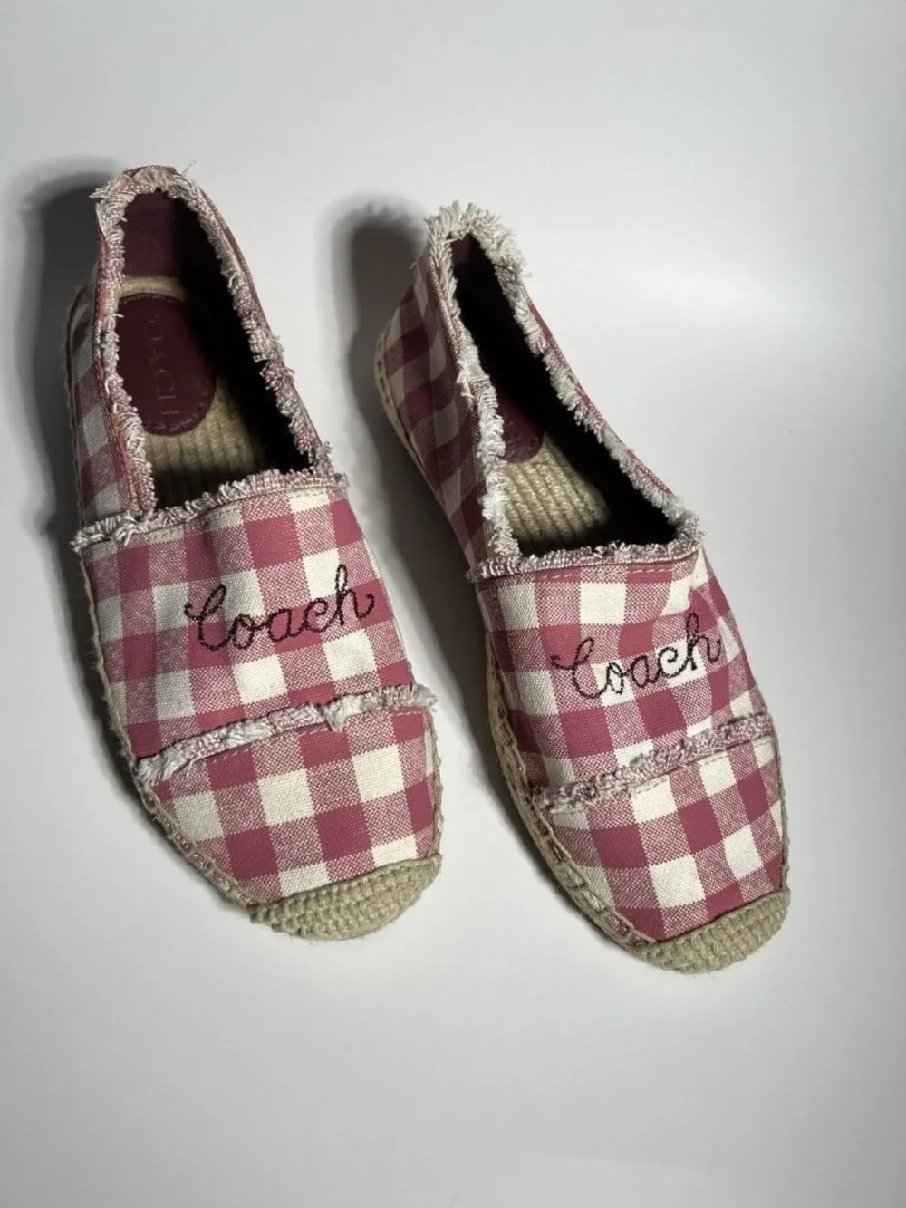 Coach Gingham Espadrille Flats Women’s Size 6.5 Pink White Slip On